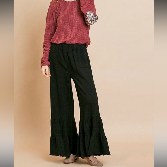 Umgee Orange Rust Wide Leg Ruffle Layered Hem Pants size M - Picture 3 of 14